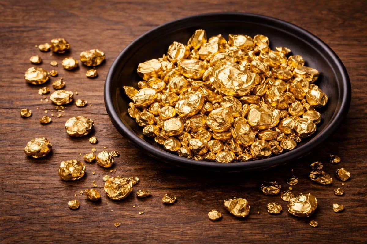 Natural gold nuggets in Australia displayed in a black pan on a timber surface